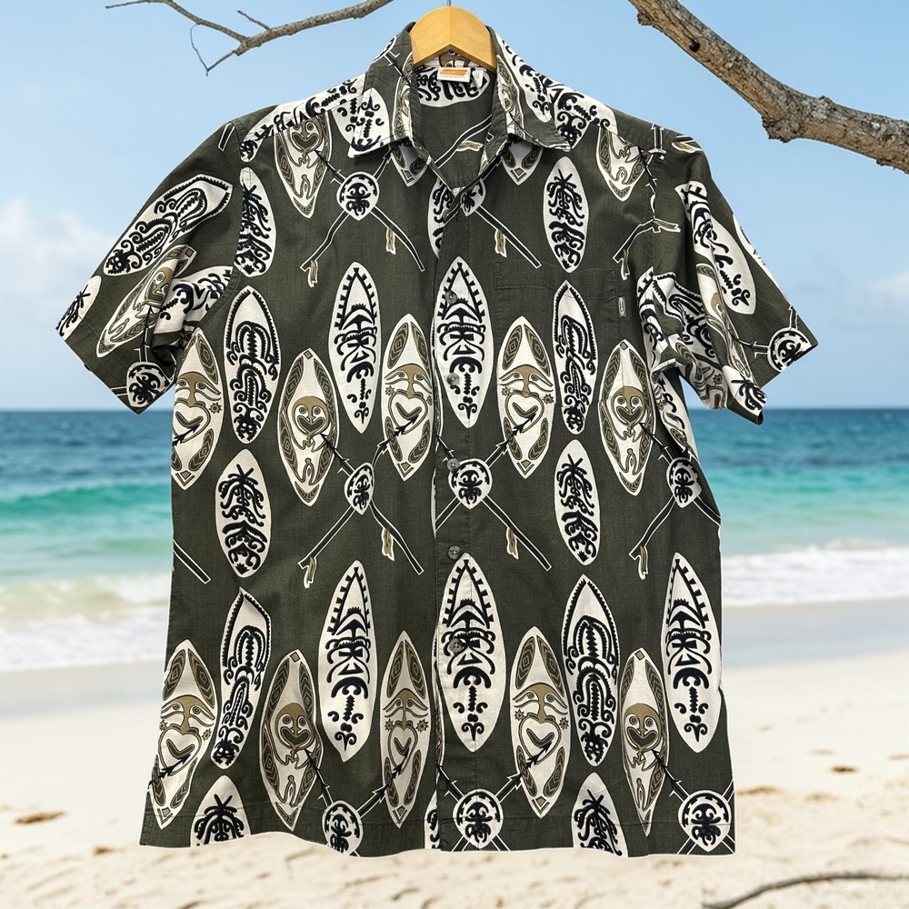 Vintage Sideout Hawaiian Shirt Mens L Green Tribal Tiki 90s Surf Skate
